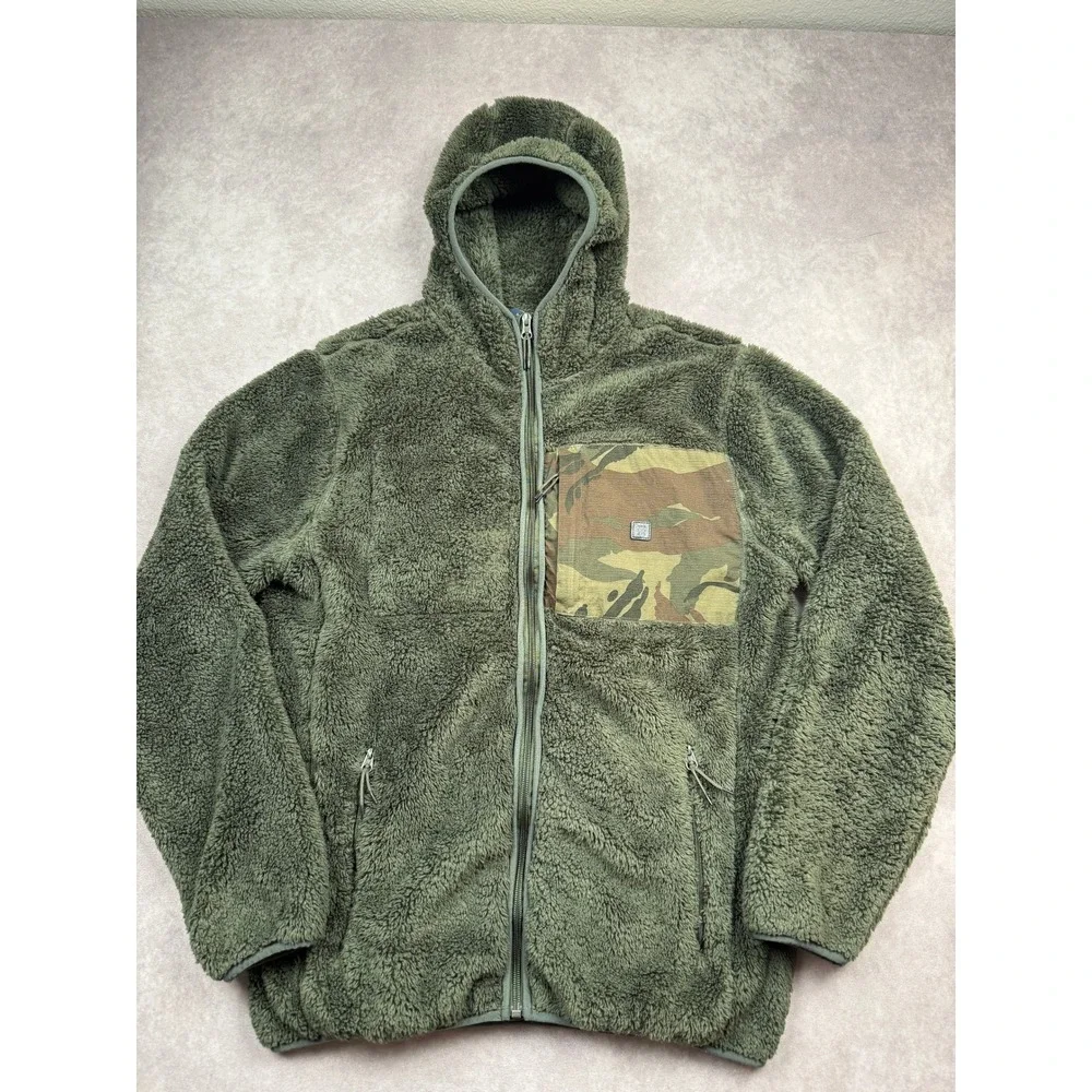 Roark Men M Sherpa Fleece Full Zip Hoodie Olive Green Camo Pocket Jacket Outdoor